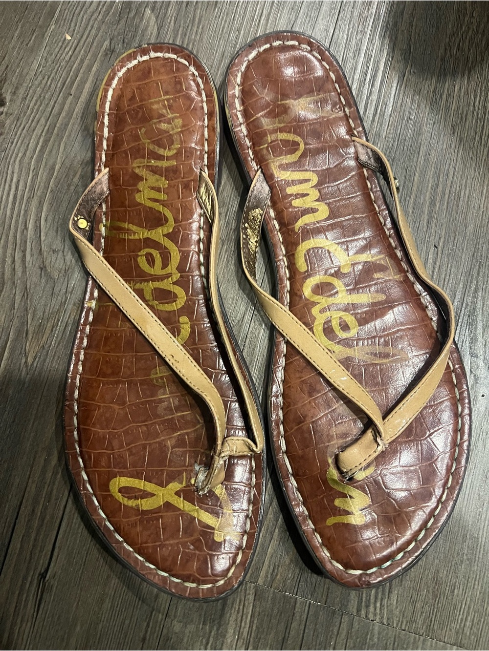 Sam Edelman Croc-Embossed Flip Flops with Tan Straps
